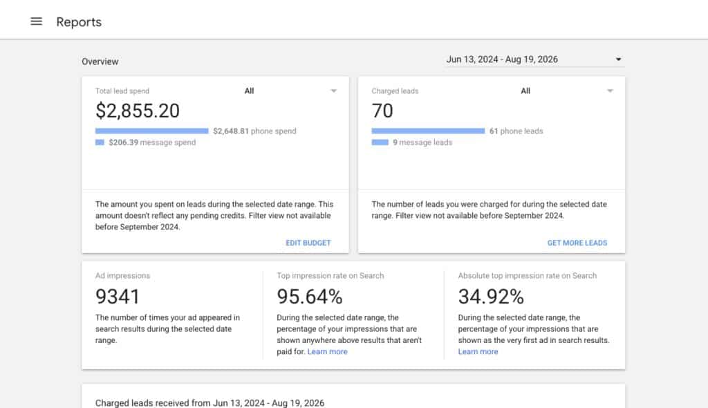 Google Local Service Ads dashboard view including report date and export options for migration prep.