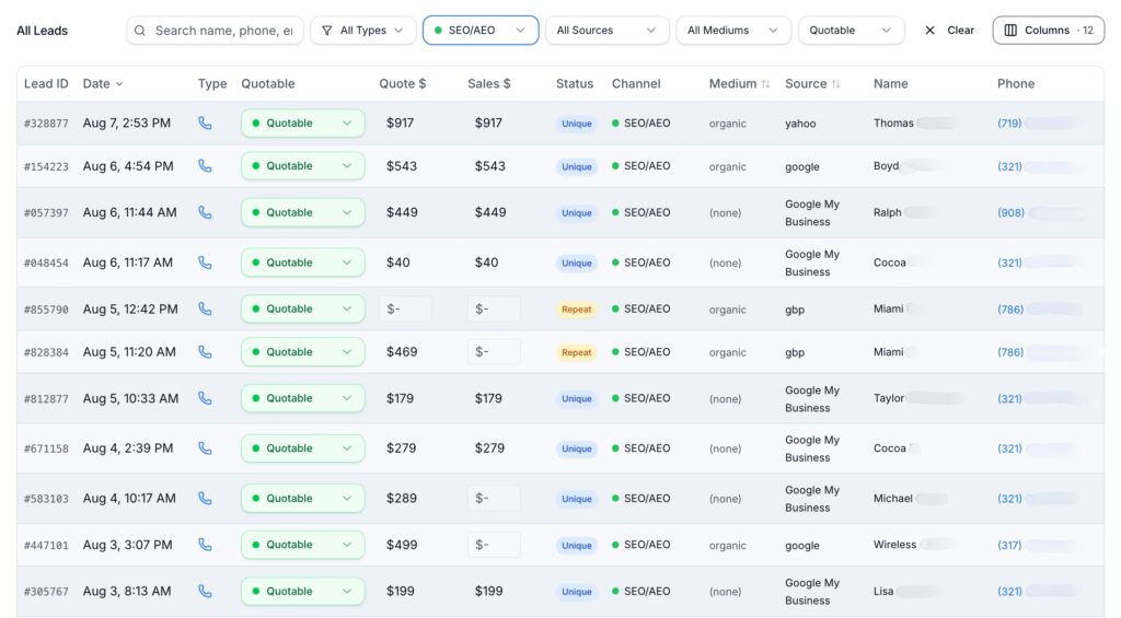Leads from SEO/AEO search queries showing what value organic keywords bring to a local service business.