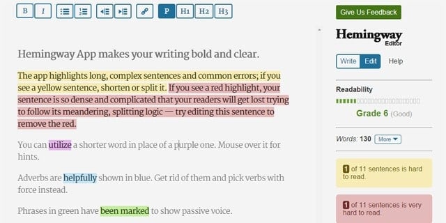 Hemingway Editor as an AI for readability