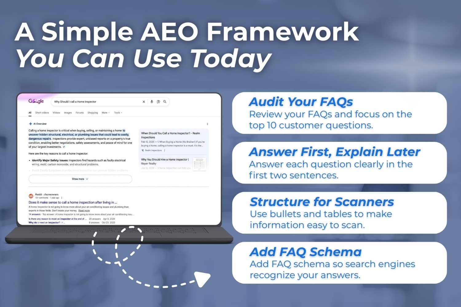 Graphic titled “A Simple AEO Framework You Can Use Today” showing a laptop with Google results and four tips: Audit your FAQs, Answer first explain later, Structure for scanners, Add FAQ schema.