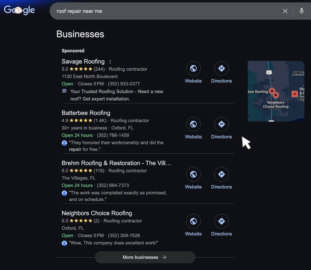 search engine results for roofer near me showing relevance, proximity, reputation