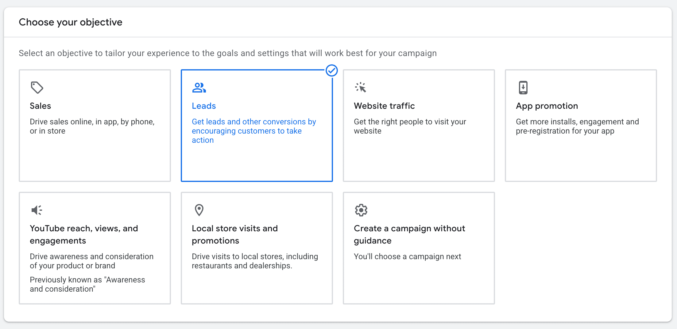 Google Ads campaign objective screen with Leads selected, the first step in creating a Performance Max campaign