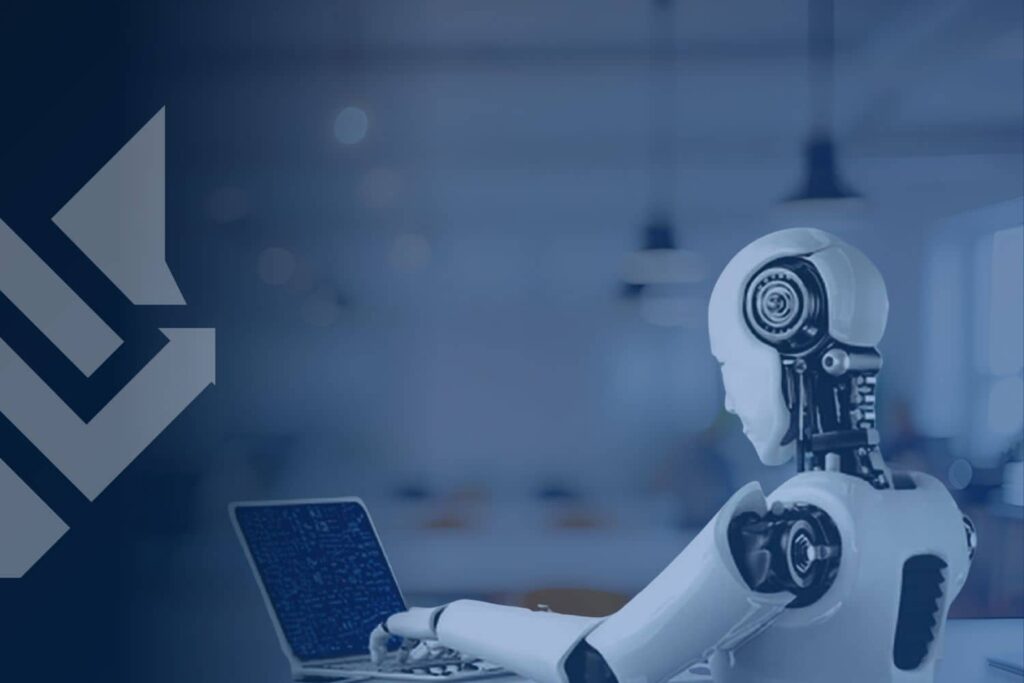 AI robot working on a laptop in an office, illustrating the question can Claude build a website for a business.