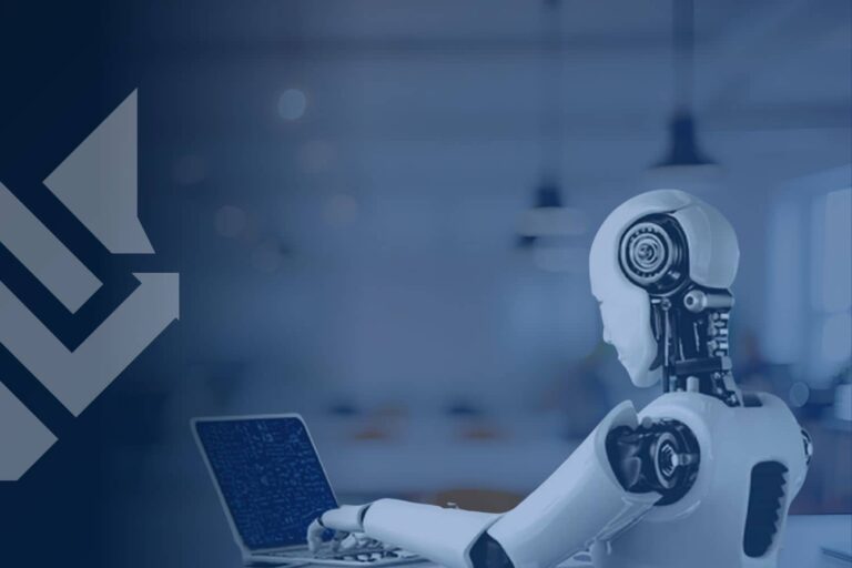 AI robot working on a laptop in an office, illustrating the question can Claude build a website for a business.