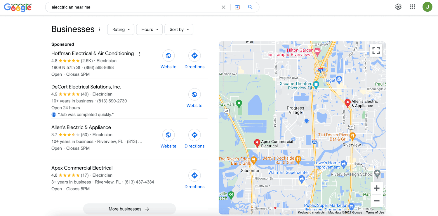 electrician near me in local google search: Google Business Profiles showing.
