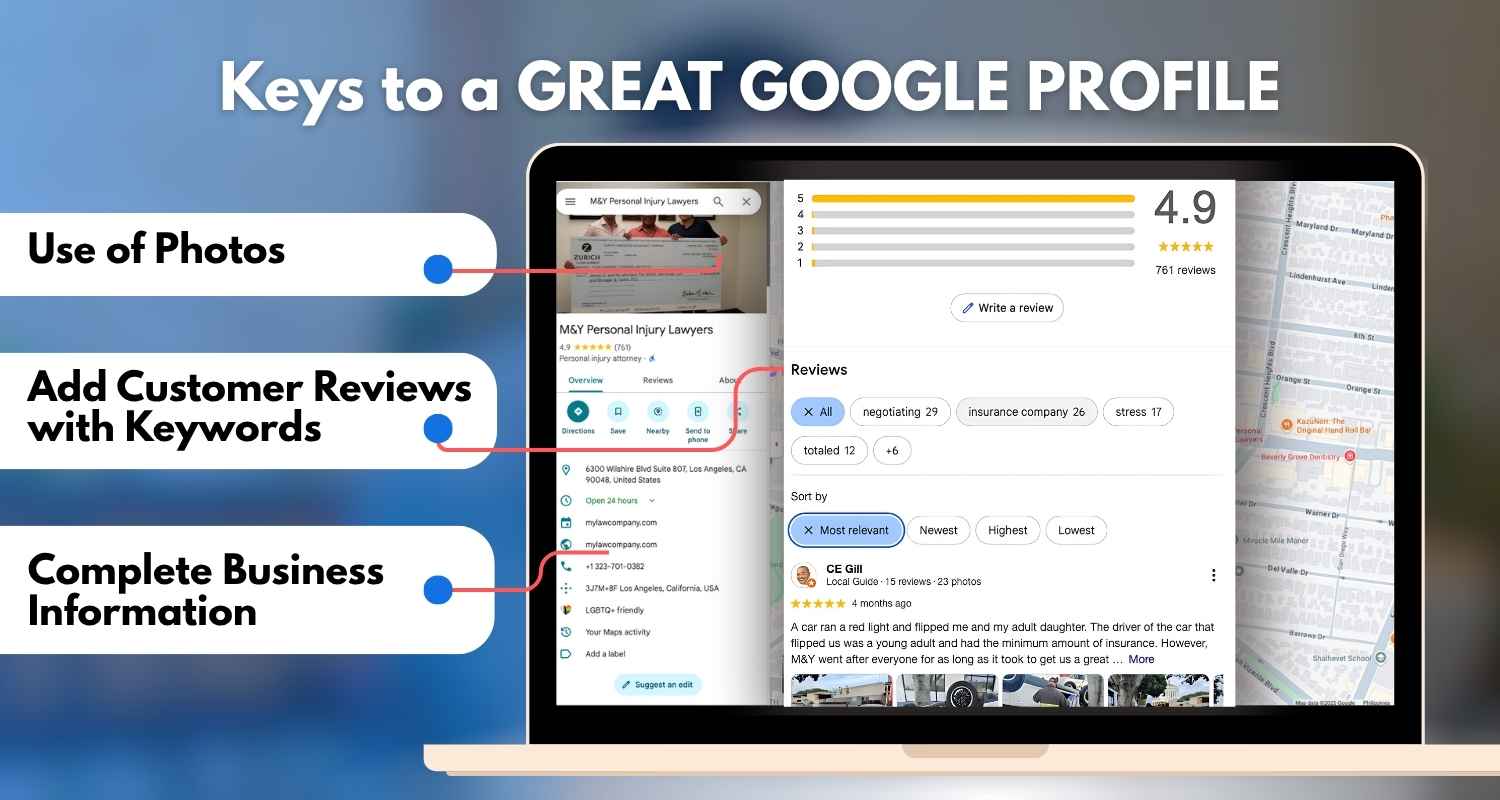 Google Business Profile infographic showing keys to a great profile: photos, reviews with keywords, and complete business info, essential for Personal Injury Lawyer SEO.