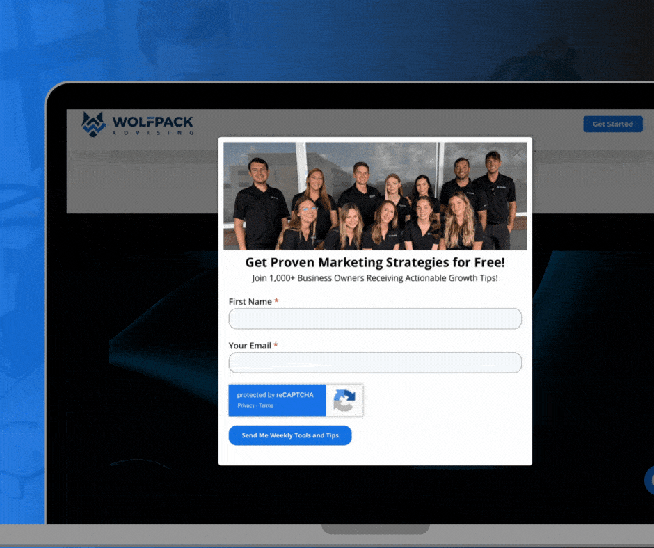 Animated image showing a lead magnet pop-up from Wolfpack Advising offering free proven marketing strategies in exchange for a visitor’s name and email, designed to grow their email list.