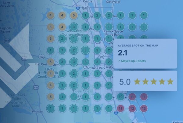 Local rank grid showing an average map pack position of 2.1 and a 5.0 star Google review rating