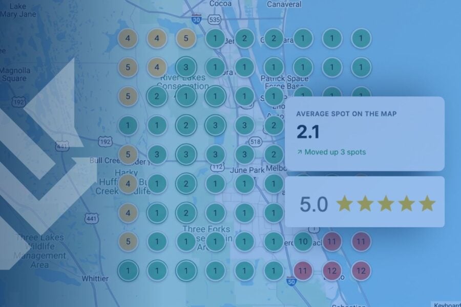 Local rank grid showing an average map pack position of 2.1 and a 5.0 star Google review rating