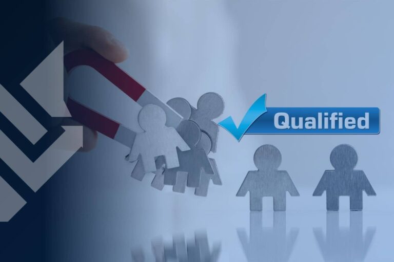 How to qualify a lead concept image with a magnet pulling figures toward a Qualified checkmark while two figures are left behind, branded with the WolfPack Advising logo