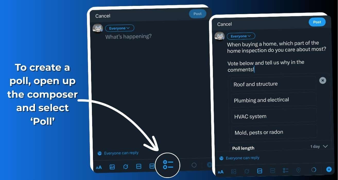 Screenshot showing how to create interactive polls on twitter by opening the tweet composer and selecting the poll icon, with an example poll about home inspections