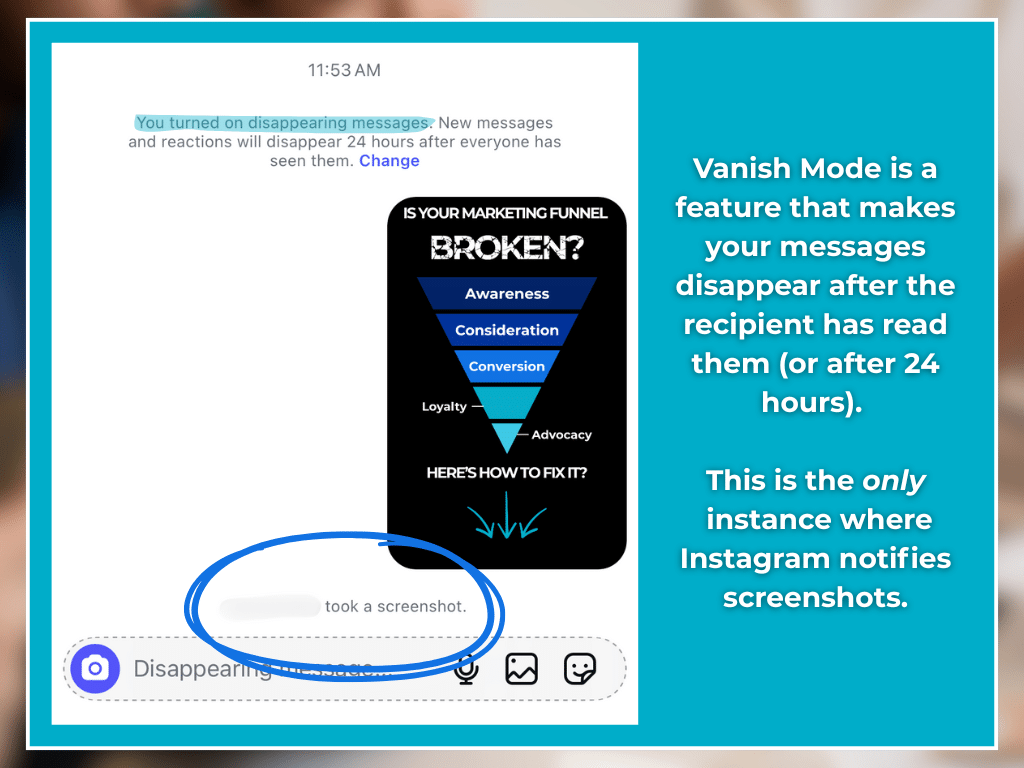 vanish mode and Instagram screenshots