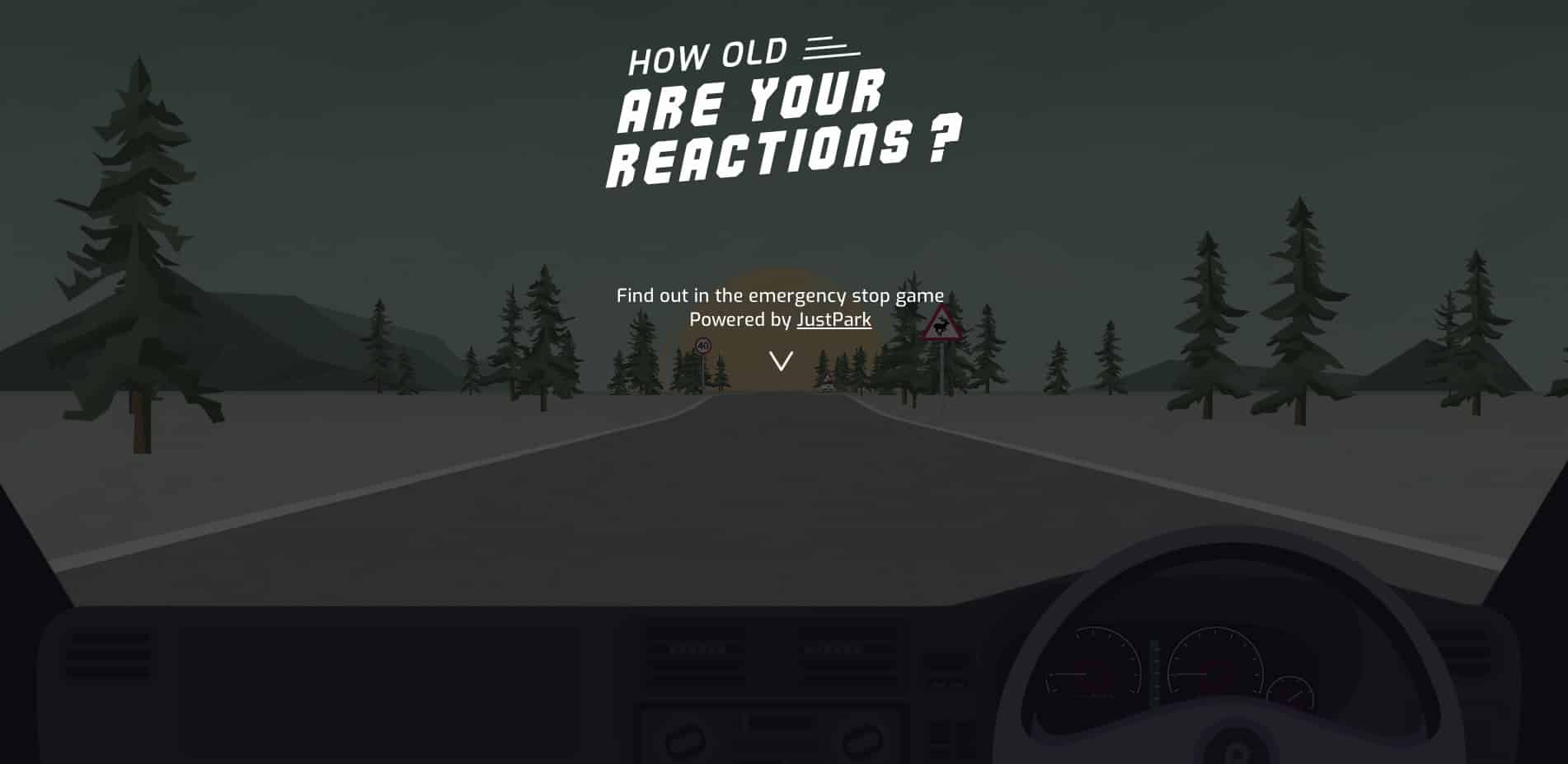 The homepage of JustPark's "How Old Are Your Reactions?"