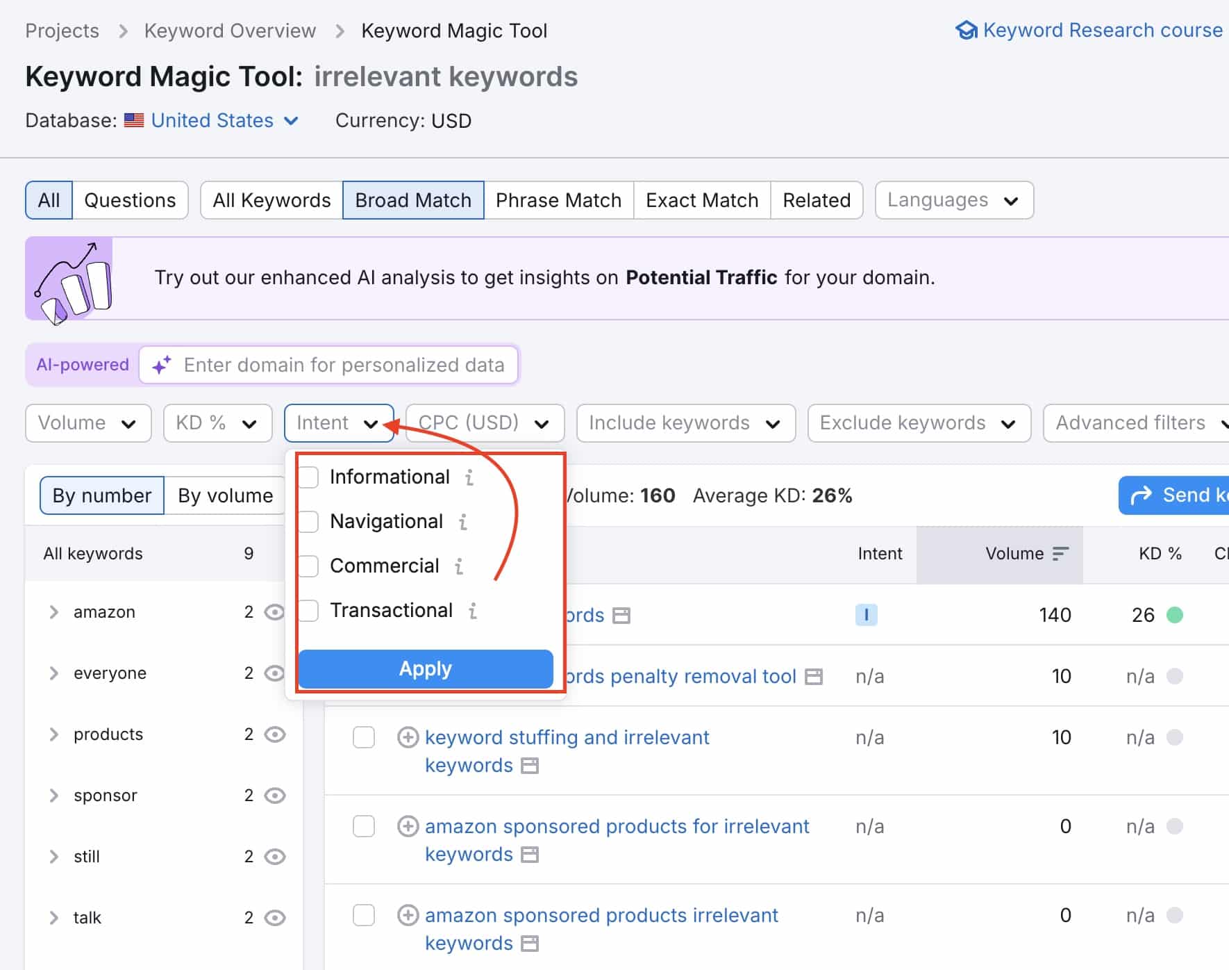 Semrush Keyword Magic Tool filtering irrelevant keywords by intent type under Broad Match.