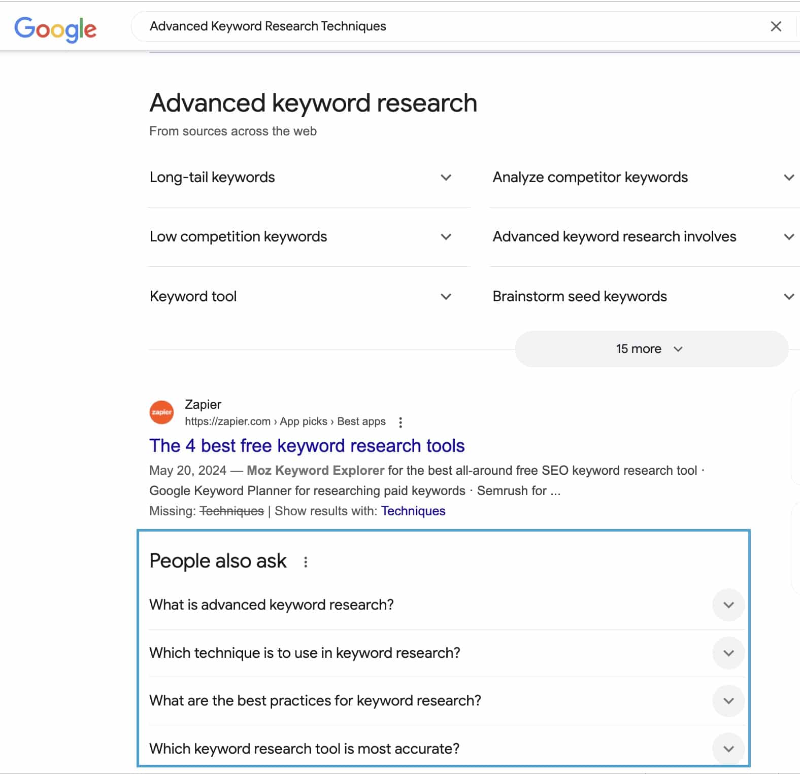 Google search results for “Advanced Keyword Research Techniques” showing methods like long-tail keywords and a “People Also Ask” section.