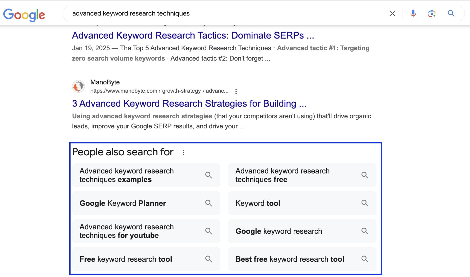 Screenshot of Google search results showing “People also search for” suggestions related to advanced keyword research techniques.