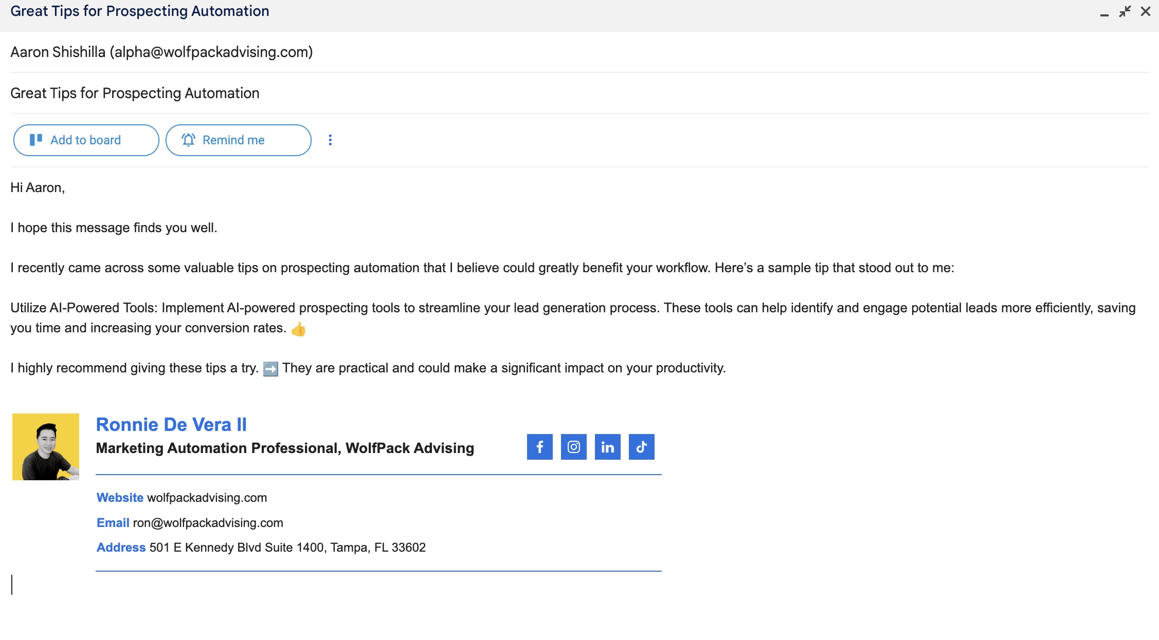 Sample email with properly placed emojis