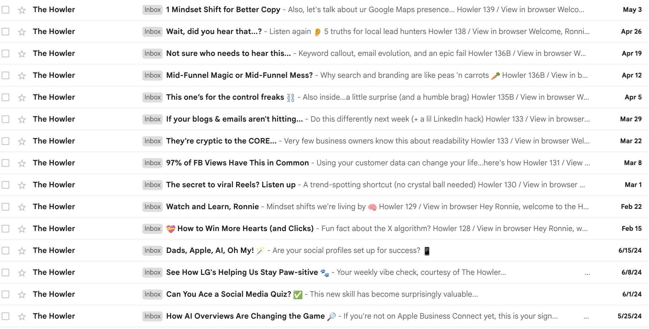 Inbox screenshot showing a series of email subject lines from "The Howler," each using creative hooks, emojis, and curiosity-driven language.