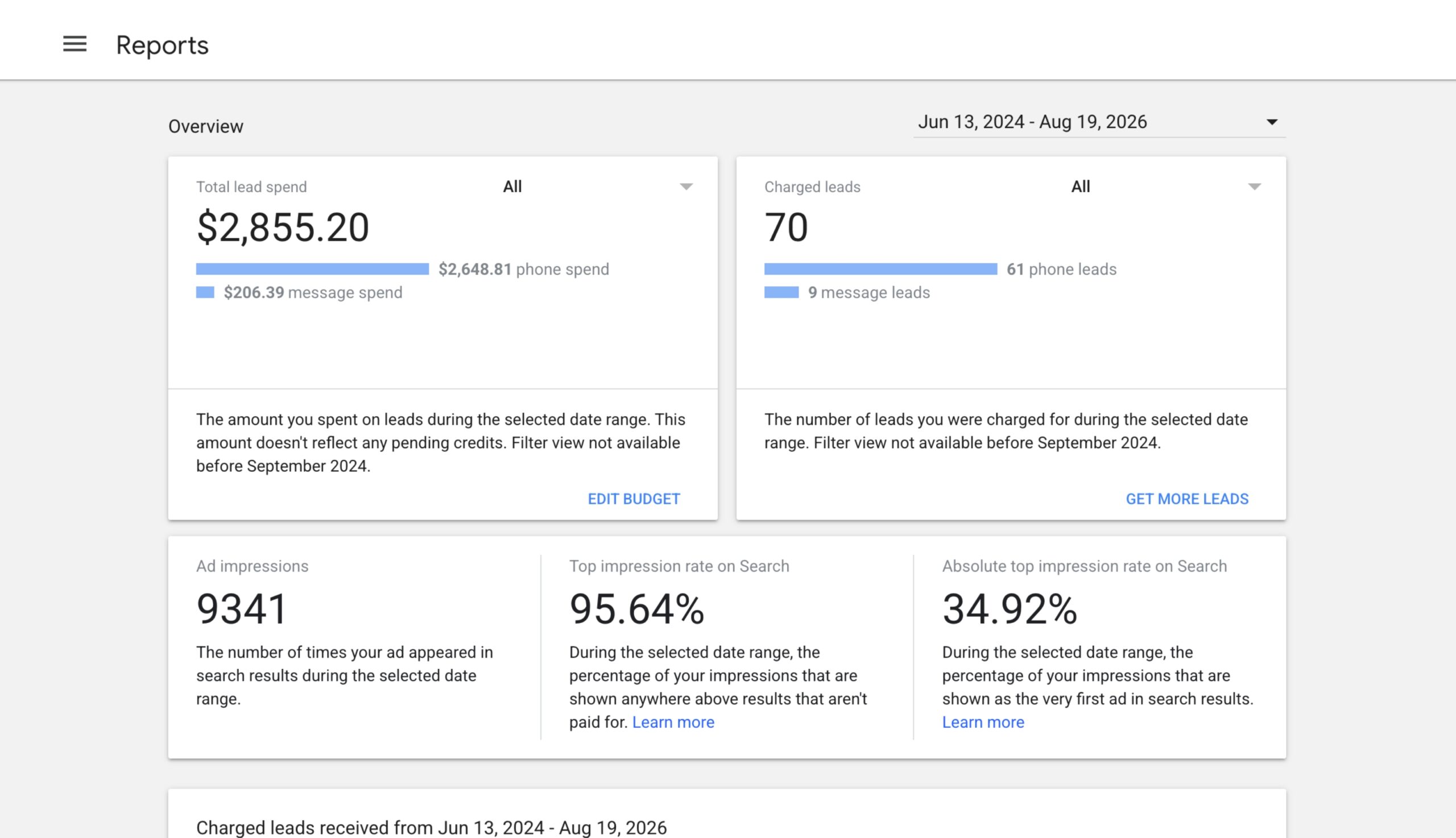 Google Local Service Ads dashboard view including report date and export options for migration prep.