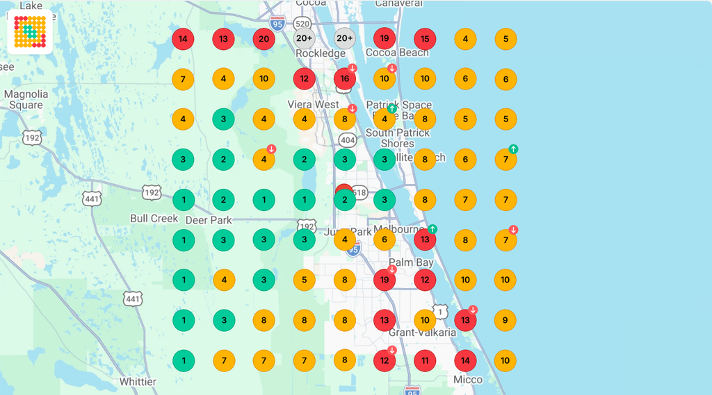 Local Search rankings in heat map.