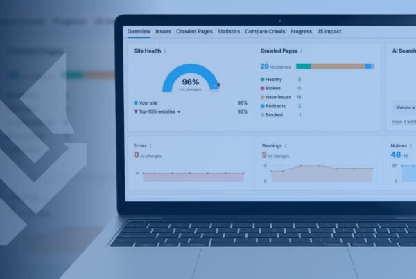 Technical SEO site audit dashboard showing 96% site health, 26 crawled pages, zero errors, and five warnings
