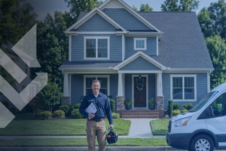 A home service professional standing in front of a residential house with a service van, illustrating the impact of private equity in home service marketing for independent contractors.