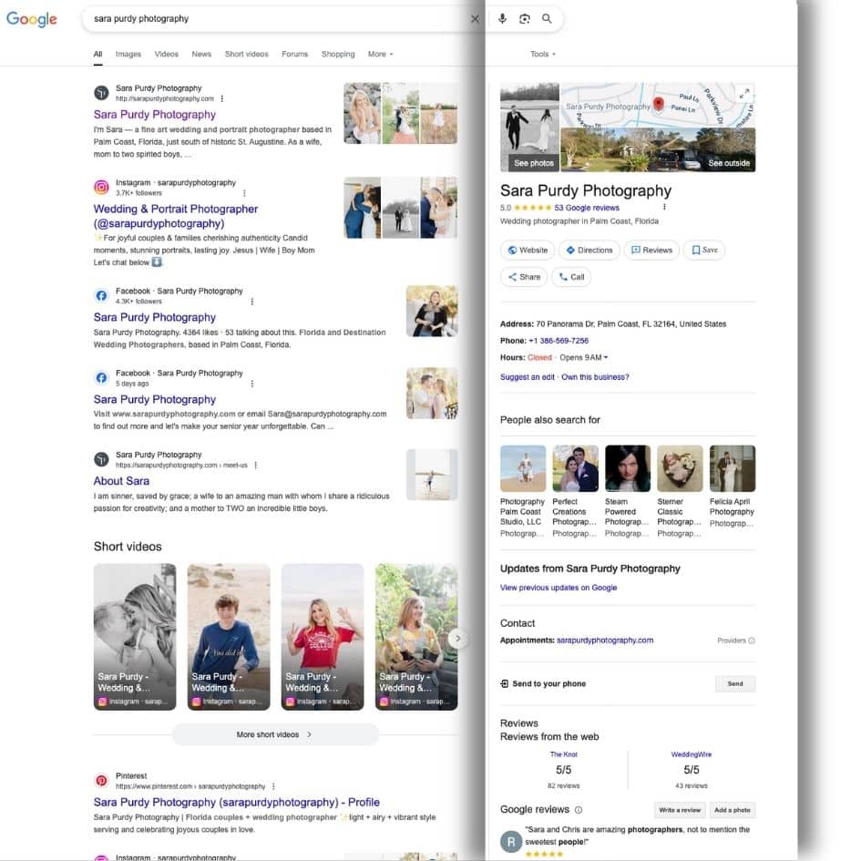 Google search results for “Sara Purdy Photography” showing top listings, map location, and social profiles demonstrating strong SEO for wedding photographers.