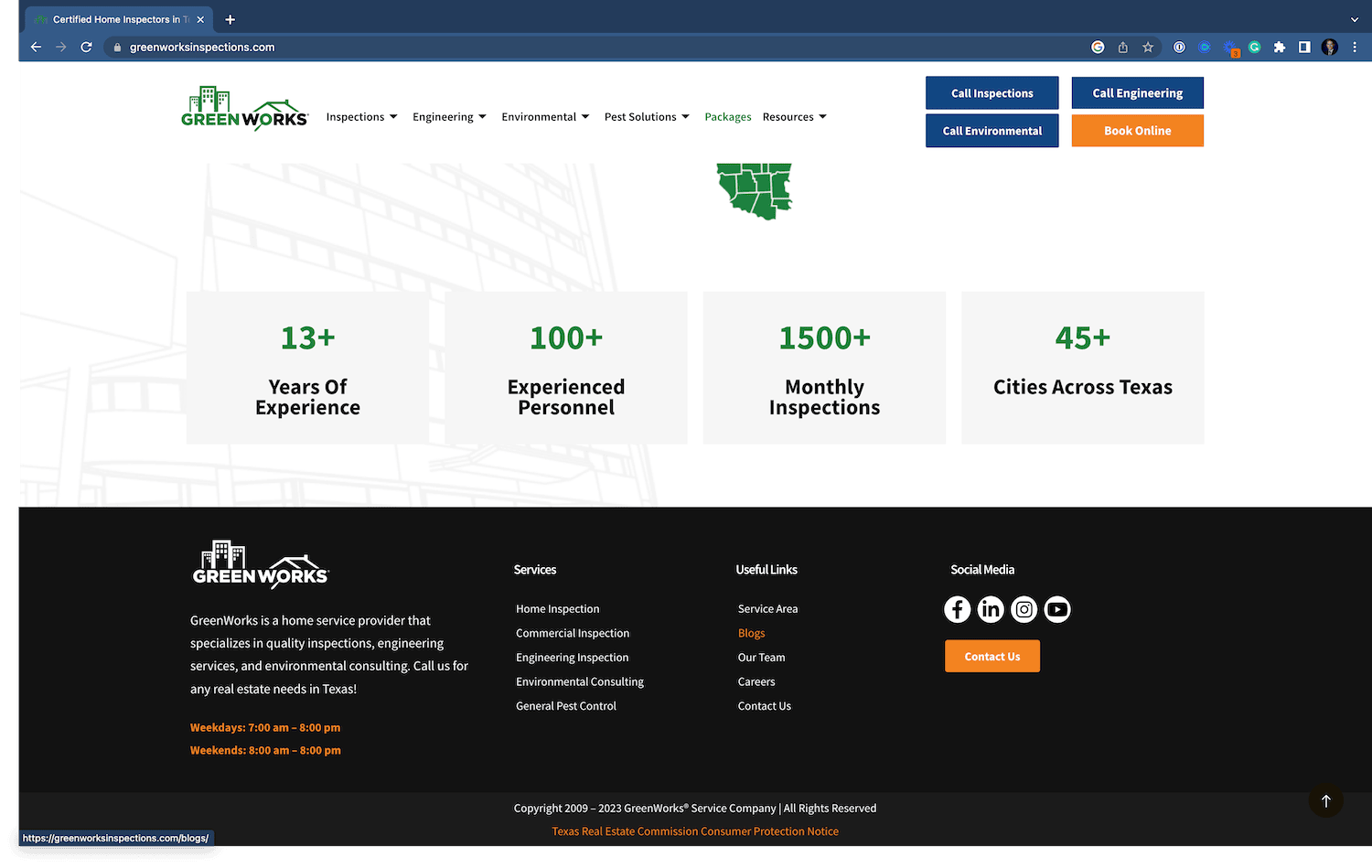 screenshot of footer for greenworks inspections website