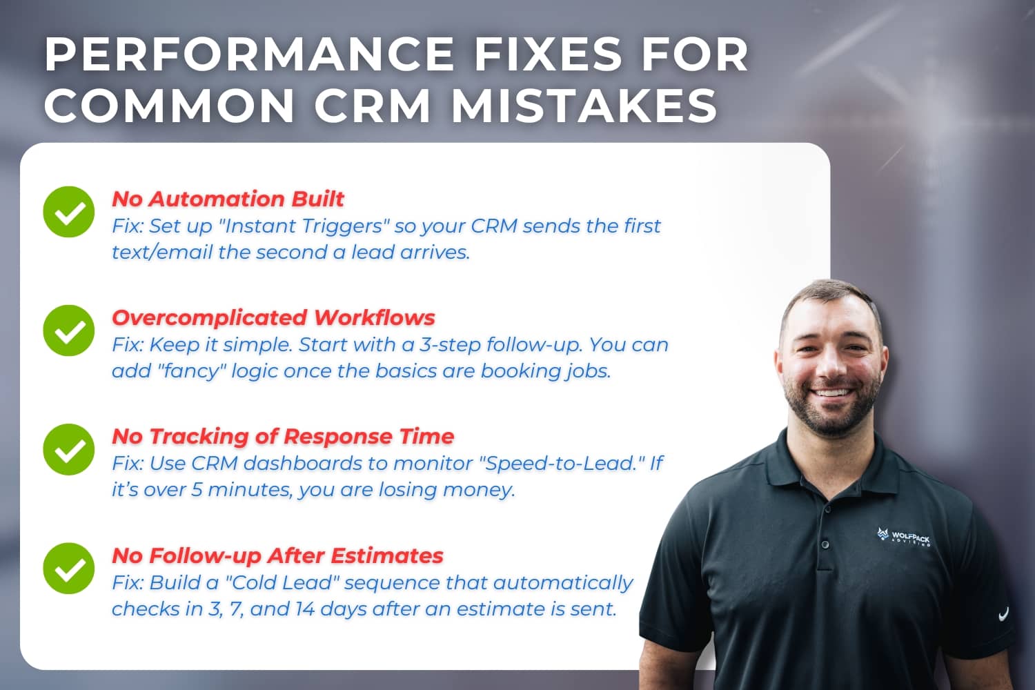 Graphic comparing common CRM problems with simple performance fixes to improve lead response, follow up, and system integration.
