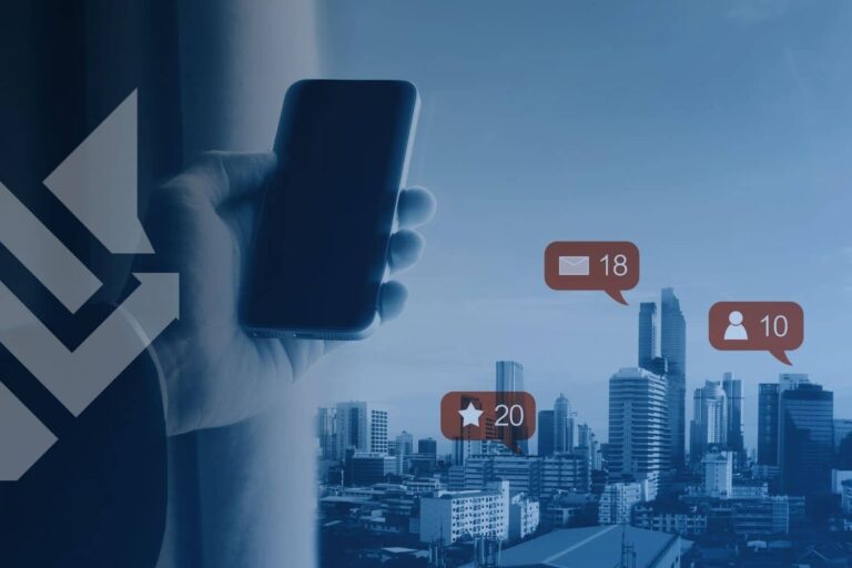 A person holding a smartphone showing a social media and marketing funnel visualization over a city skyline, representing digital lead generation for home service businesses.