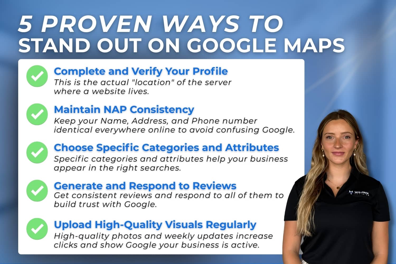 Graphic explaining how businesses can rank higher and stand out on Google Maps and local search.