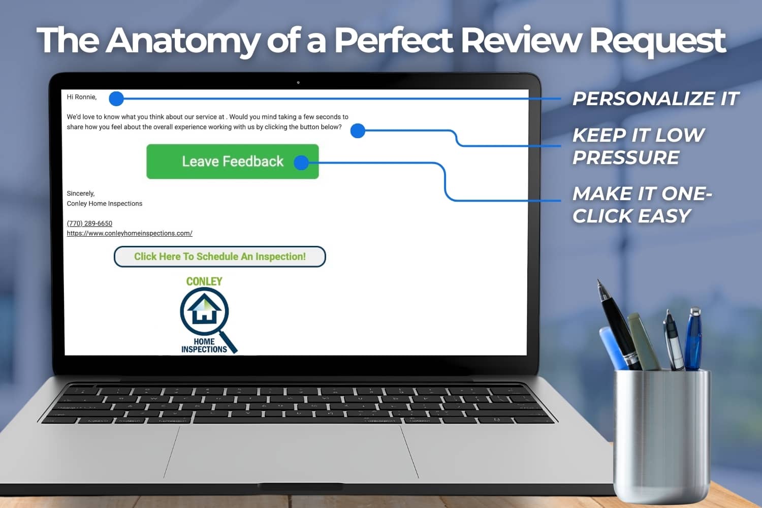 Infographic showing the key parts of a high-converting review request message.