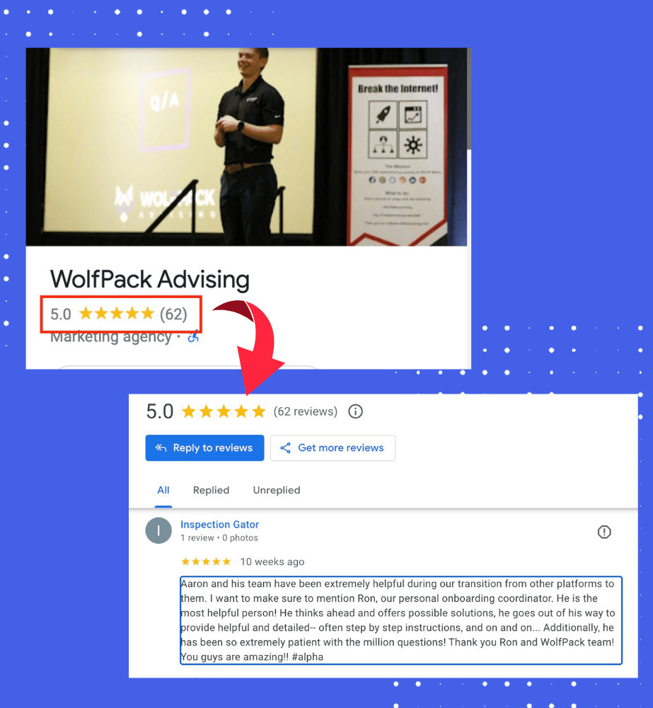 Clicking “here” jumps to the Google Business Profile review section in the SERP