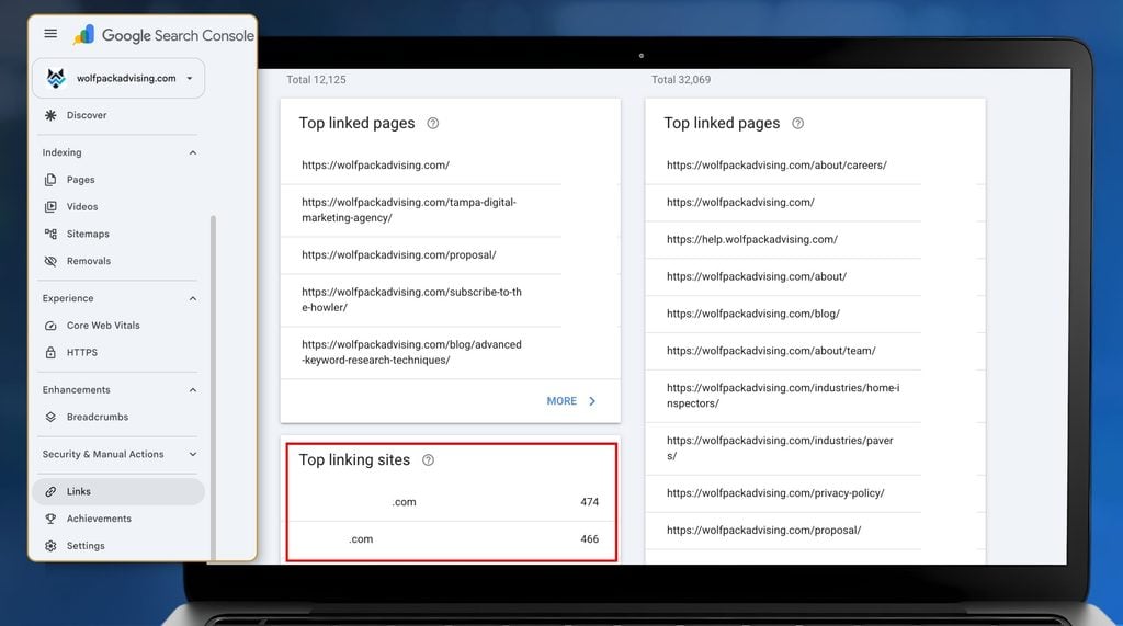 Google Search Console Links report with Top linking sites highlighted, showing which websites link to a home service business