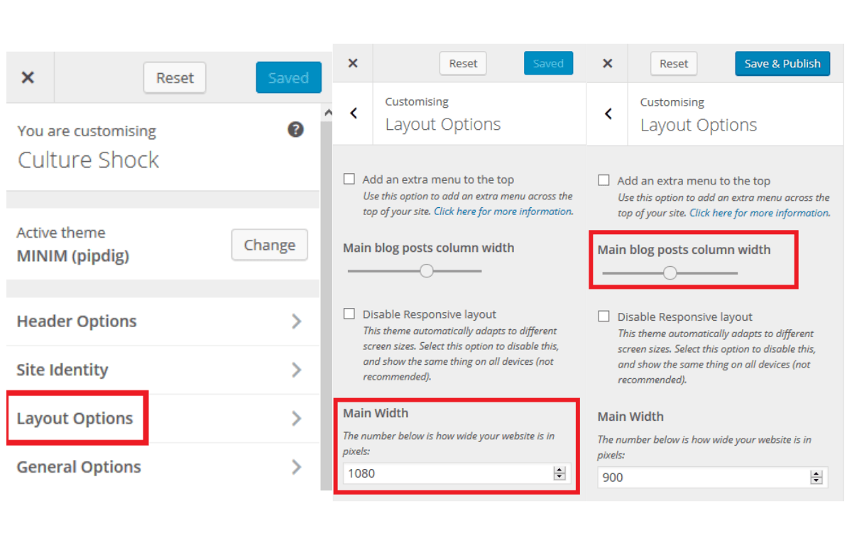 How to change the width of blog on wordpress layout options