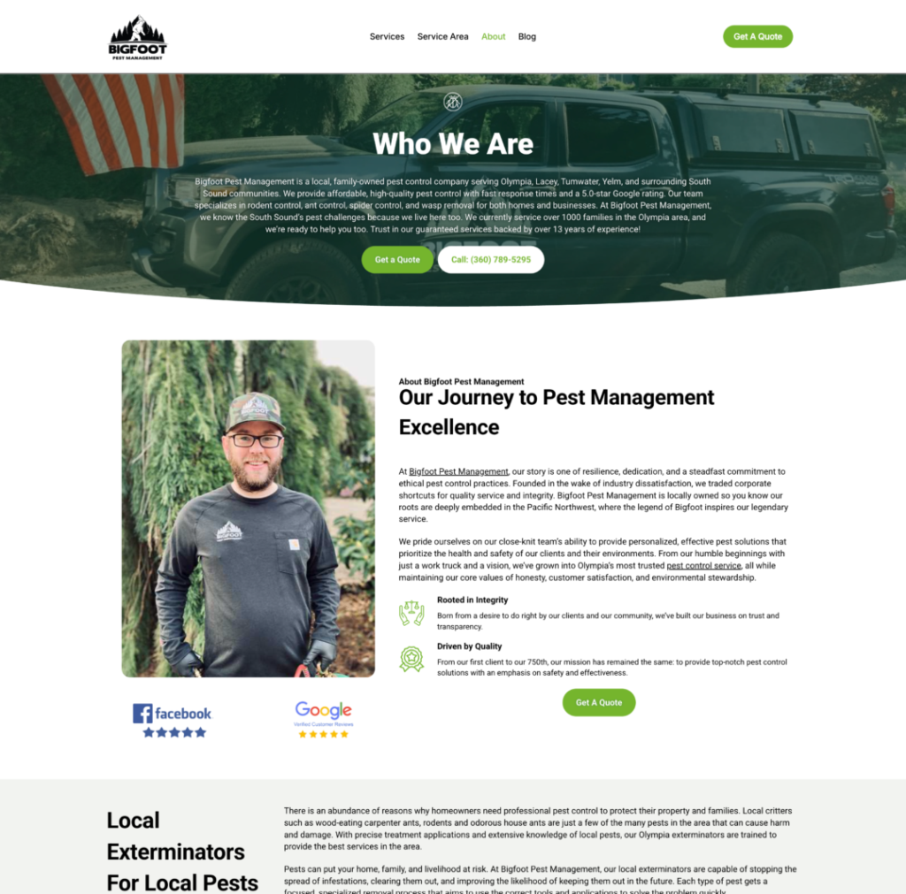 New About page on the rebuilt Bigfoot Pest Management website by WolfPack