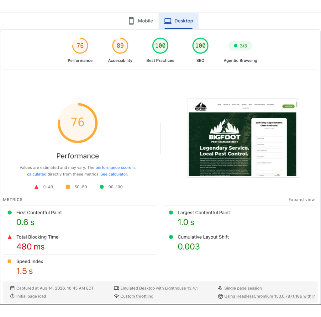 Old Bigfoot Pest Management site desktop PageSpeed report with a performance score of 76