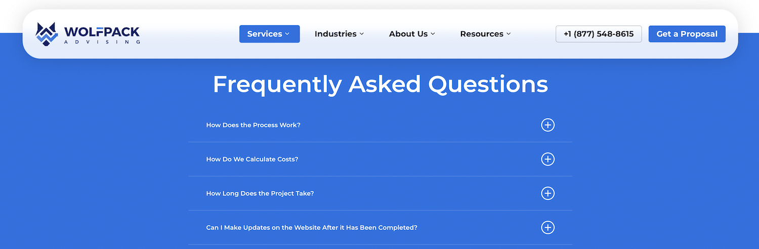 The FAQ Section on WolfPack's Services Page as an Example