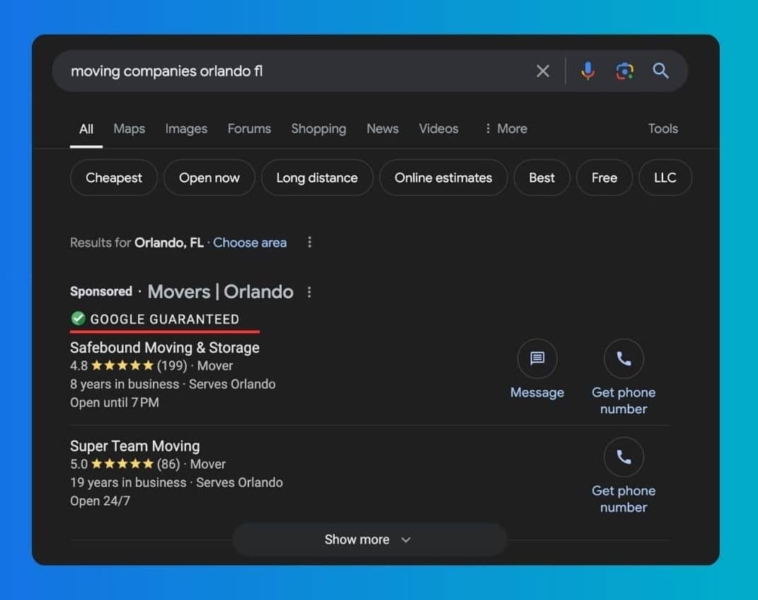 Example of local advertisements displaying Google Guaranteed badges
