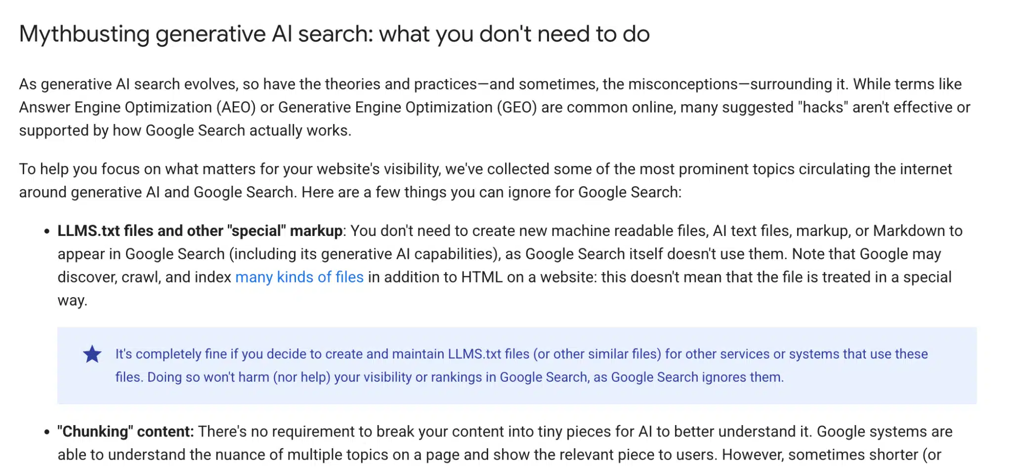 Screenshot of google webmaster guidelines. Google's webmaster guidelines mentioning that llms.txt is not neeeded or required. Google Search itself does not use llms.txt