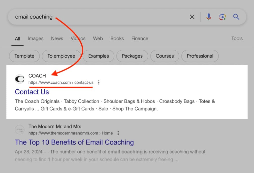 Coach ranking for “email coaching” shows how irrelevant keywords can mislead traffic.