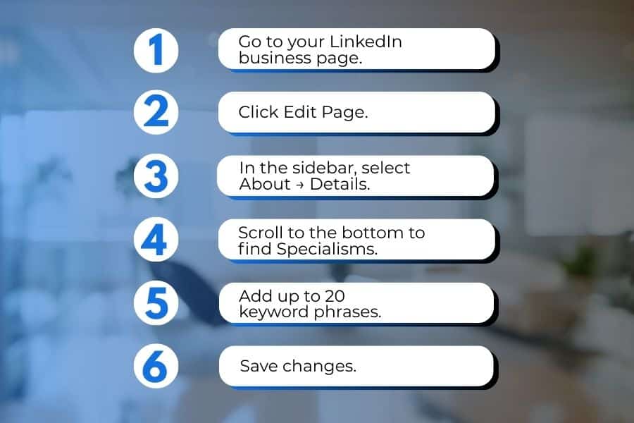 Step-by-step guide showing how to add linkedin hashtags (Specialisms) to a LinkedIn business page.