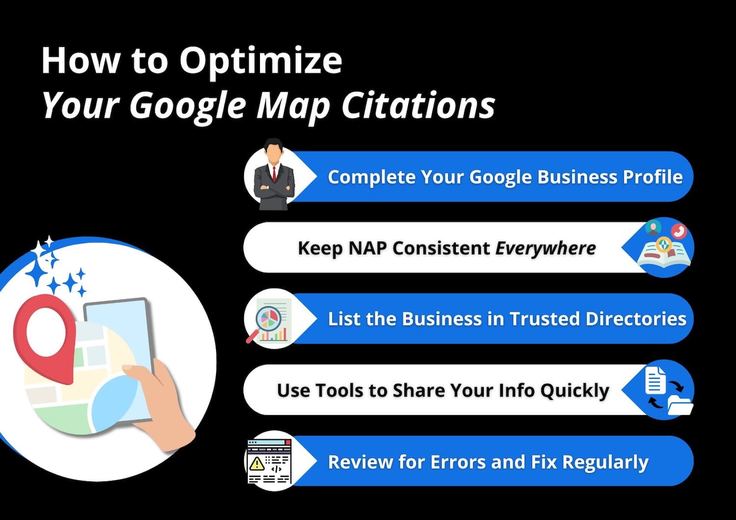 Optimize your google map citations by keeping information updated, consistent, in trusted locations, and fixing errors routinely