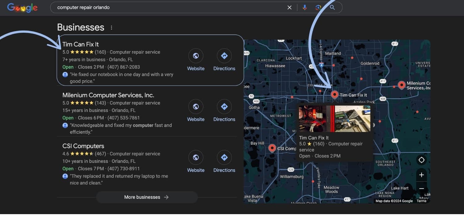 Examples of google map citations for a local service business
