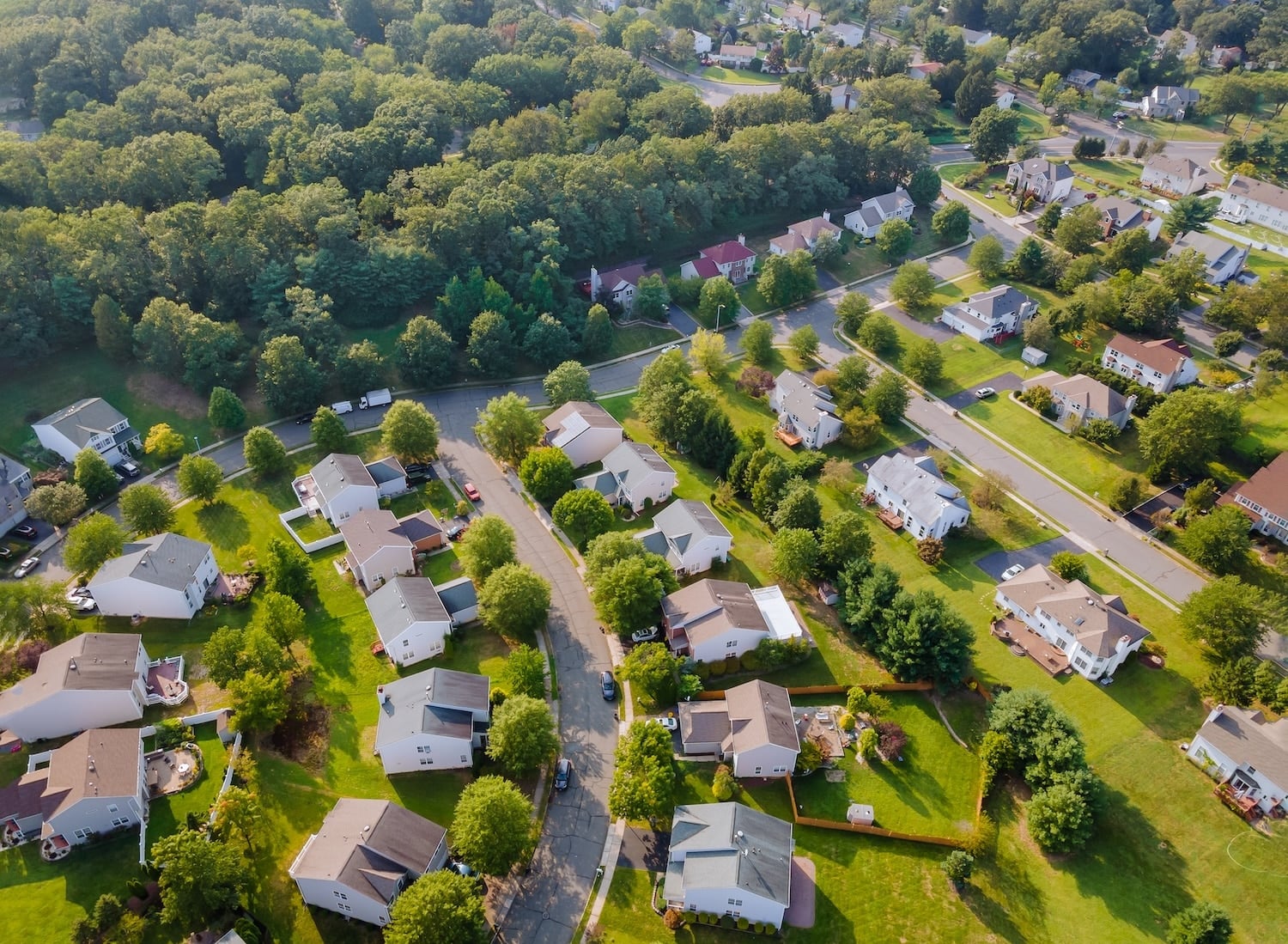 High-angle shot of residential homes representing the market share and lead generation opportunities for independent home service operators facing private equity consolidation.