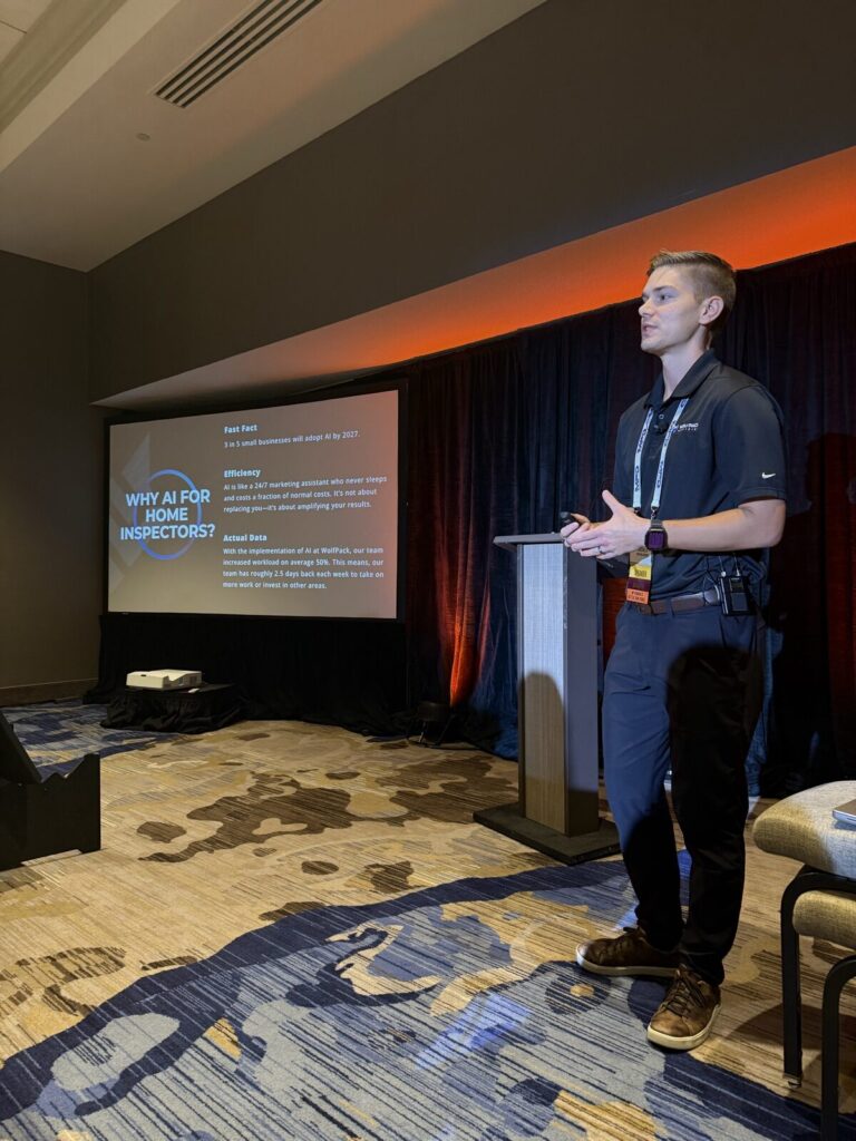 Aaron Shishilla presenting a Why AI for Home Inspectors session at a podium