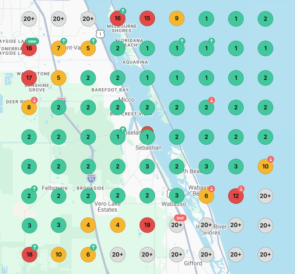 The same 81-point rank tracker grid after local SEO. Most points are green, with the business ranking first or second in Google Maps across its service area, and only the outer edges still in the teens or 20th and lower.