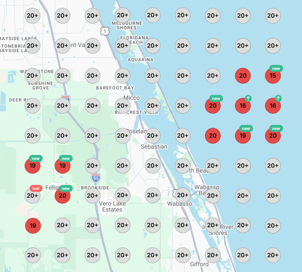 Rank tracker grid of 81 points across a Florida coastal service area before local SEO. Nearly every point shows the business ranking 20th or lower in Google Maps, with a handful of red points in the 15 to 20 range.