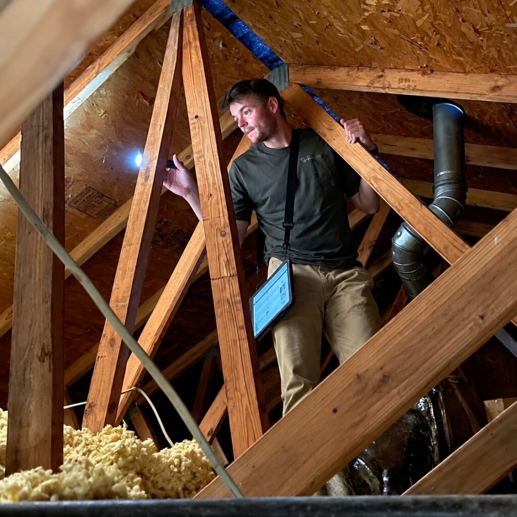HomeTeam inspector checking attic framing and insulation - HomeTeam of Knoxville Advertising case study
