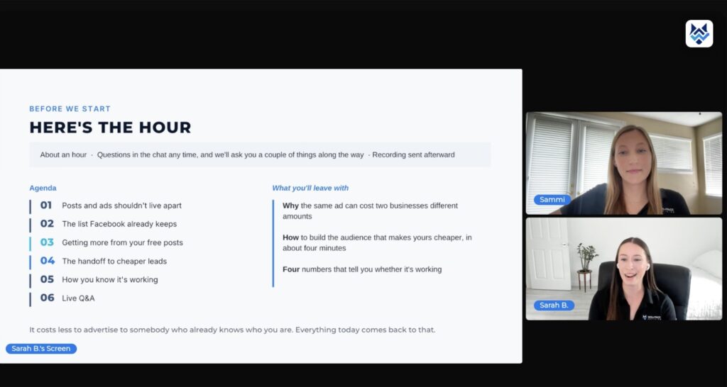Sammi Holt and Sarah Bryant presenting the How Organic Makes Paid Cheaper webinar